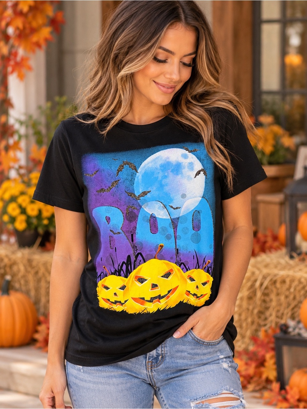 Halloween Boo Pumpkin Graphic T-Shirt Black XL Women's